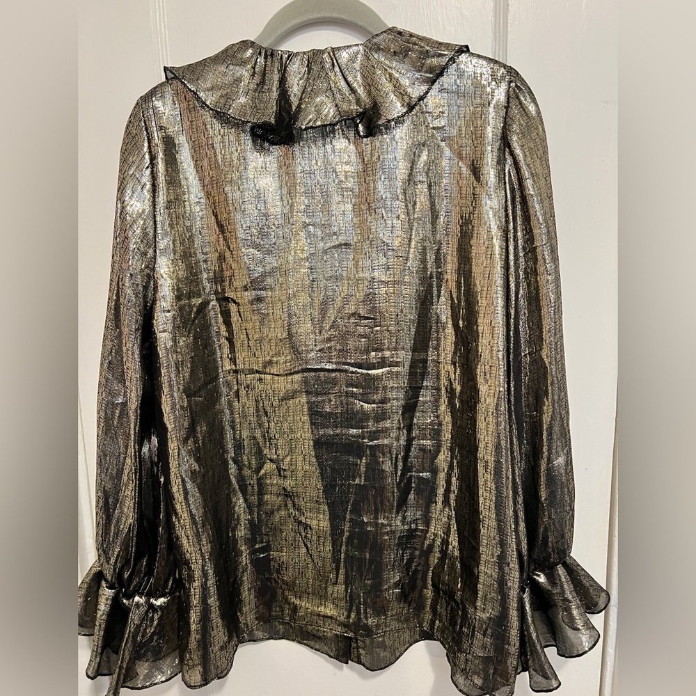 ALICE + OLIVIA Elliot Ruffle Blouse Metallic Gold Ruffle Top - Picture 4 of 12